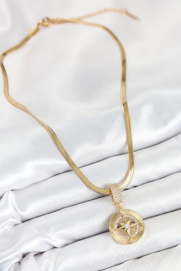 316L Çelik Zirkon Taşlı Pusula Model Gold Renk Kadın Kolye - TJ-BKO10532