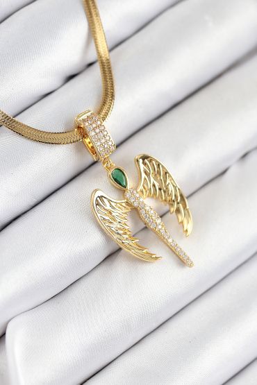 316L Çelik Zirkon Taşlı Melek Model Gold Renk Kadın Kolye - TJ-BKO10534