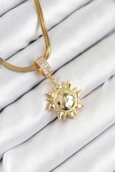 316L Çelik Zirkon Taşlı Güneş Model Gold Renk Kadın Kolye - TJ-BKO10535