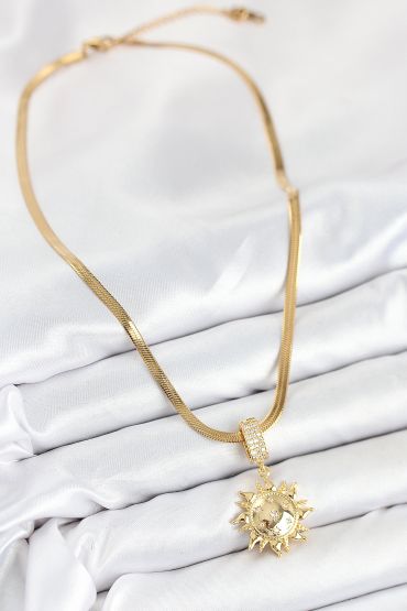 316L Çelik Zirkon Taşlı Güneş Model Gold Renk Kadın Kolye - TJ-BKO10535