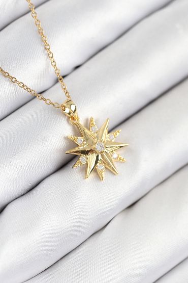 316L Çelik Zirkon Taşlı Kutup Yıldızı Model Gold Renk Kadın Kolye - TJ-BKO10536
