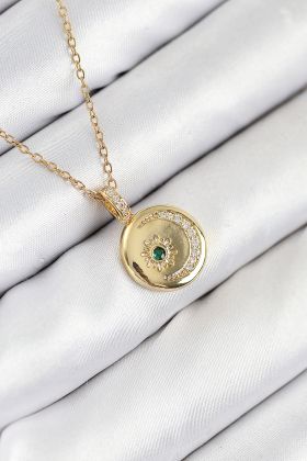 316L Çelik Zirkon Taşlı Ay Ve Güneş Model Gold Renk Kadın Kolye - TJ-BKO10539