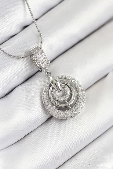 316L Çelik Zirkon Taşlı Çember Model Gümüş Renk Kadın Kolye - TJ-BKO10541