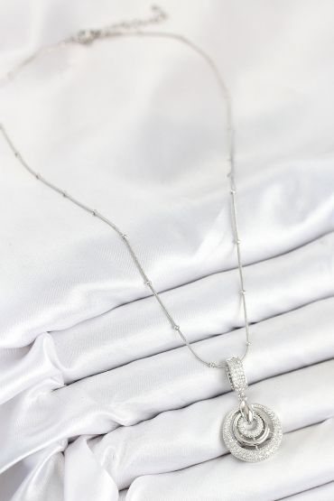 316L Çelik Zirkon Taşlı Çember Model Gümüş Renk Kadın Kolye - TJ-BKO10541