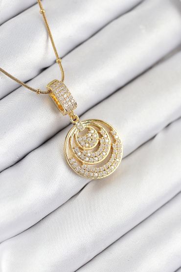 316L Çelik Zirkon Taşlı Çember Model Gold Renk Kadın Kolye - TJ-BKO10542