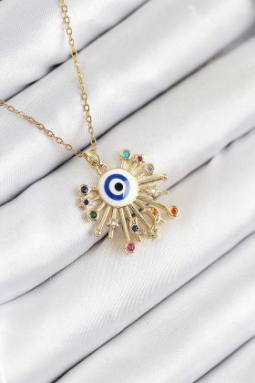 316L Çelik Zirkon Taşlı Nazar Model Gold Renk Kadın Kolye - TJ-BKO10544