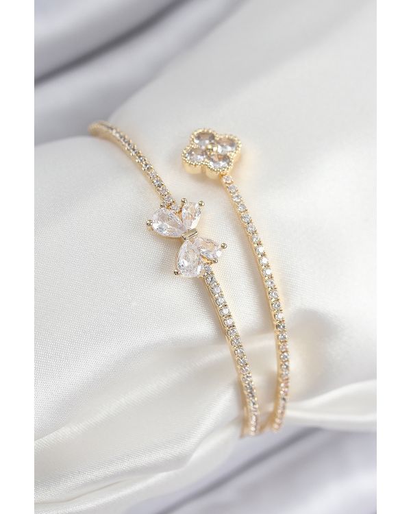 Pirinç Zirkon Taşlı Fiyonk Ve Yonca Model Gold Renk Kadın Bileklik - TJ-BB7851