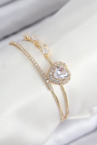 Pirinç Zirkon Taşlı Kalp Model Gold Renk Kadın Bileklik - TJ-BB7855