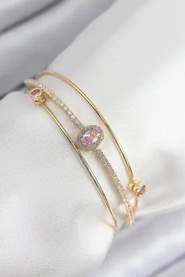 Pirinç Zirkon Taşlı Baget Model Gold Renk Kadın Bileklik - TJ-BB7863