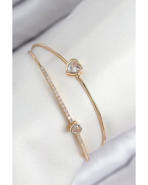 Pirinç Zirkon Taşlı Kalp Model Gold Renk Kadın Bileklik - TJ-BB7869