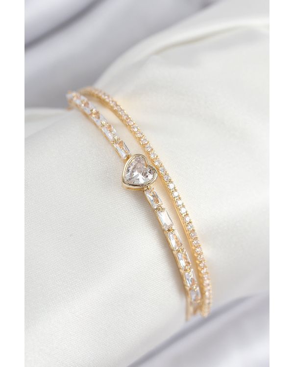 Pirinç Zirkon Taşlı Kalp Model Gold Renk Kadın Bileklik - TJ-BB7873