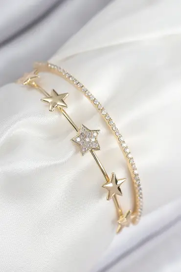 Pirinç Zirkon Taşlı Yıldız Model Gold Renk Kadın Bileklik - TJ-BB7877