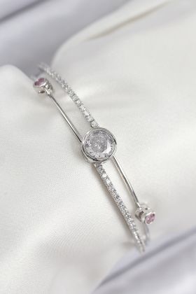 Pirinç Zirkon Taşlı Pırlanta Model Gümüş Renk Kadın Bileklik - TJ-BB7880
