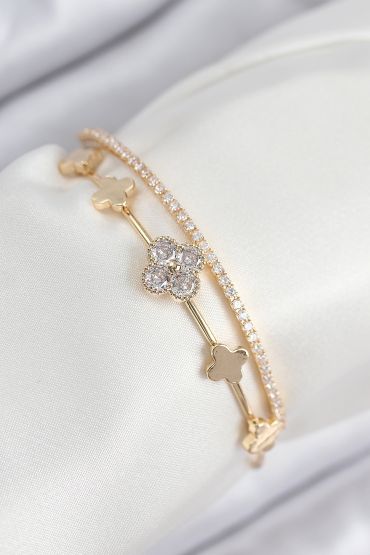 Pirinç Zirkon Taşlı Yonca Model Gold Renk Kadın Bileklik - TJ-BB7885
