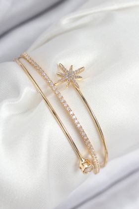 Pirinç Zirkon Taşlı Kutup Yıldızı Model Gold Renk Kadın Bileklik - TJ-BB7887