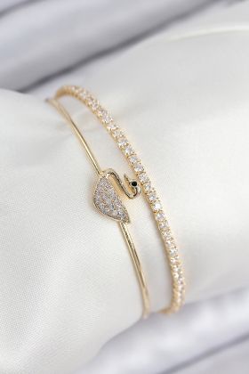 Pirinç Zirkon Taşlı Kuğu Model Gold Renk Kadın Bileklik - TJ-BB7889