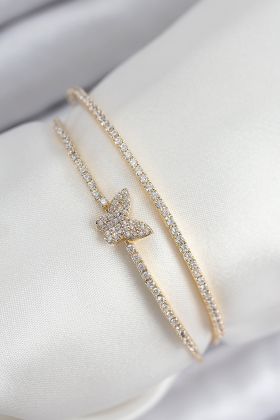 Pirinç Zirkon Taşlı Kelebek Model Gold Renk Kadın Bileklik - TJ-BB7891