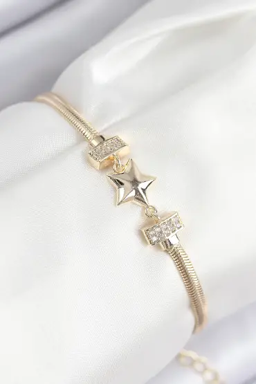 Pirinç Zirkon Taşlı Yıldız Model Gold Renk Kadın Bileklik - TJ-BB7899