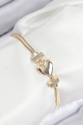 Pirinç Zirkon Taşlı Kalp Model Gold Renk Kadın Bileklik - TJ-BB7901