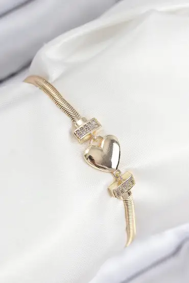 Pirinç Zirkon Taşlı Kalp Model Gold Renk Kadın Bileklik - TJ-BB7901