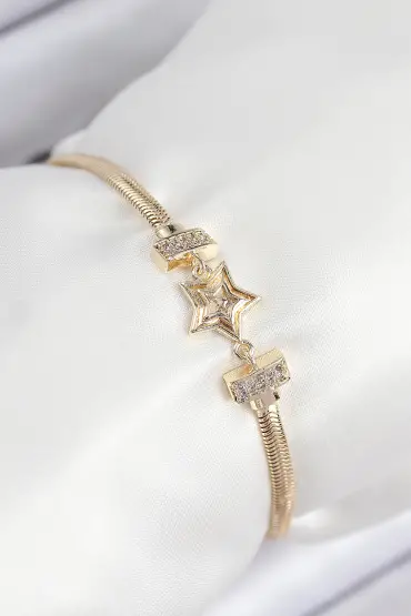 Pirinç Zirkon Taşlı Yıldız Model Gold Renk Kadın Bileklik - TJ-BB7903