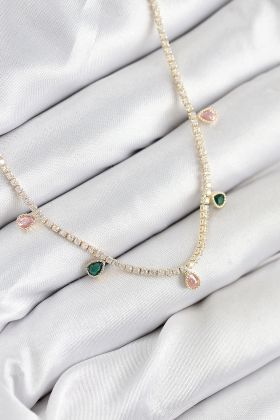 Pirinç Zirkon Taşlı Su Yolu Damla Model Gold Renk Kadın Kolye - TJ-BKO10545