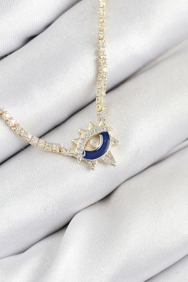 Pirinç Zirkon Taşlı Su Yolu Göz Model Gold Renk Kadın Kolye - TJ-BKO10547