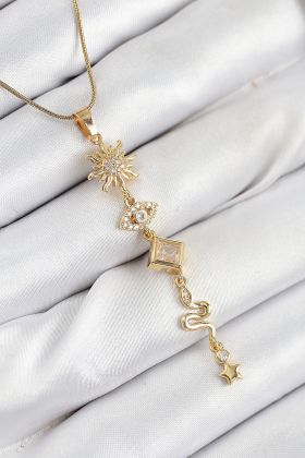 316L Çelik Zirkon Taşlı Güneş Ve Ay Enerji Model Gold Renk Kadın Kolye - TJ-BKO10550