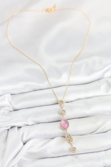 Pirinç Zincir Pembe Gold Renk Zirkon Taşlı Y Kolye - TJ-BKO10554