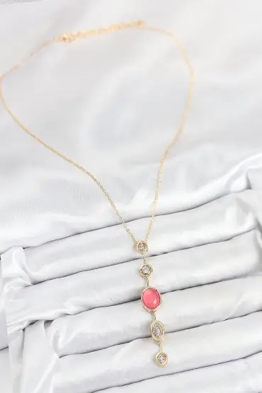 Pirinç Zincir Pembe Gold Renk Zirkon Taşlı Y Kolye - TJ-BKO10556