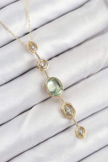 Pirinç Zincir Yeşil Gold Renk Zirkon Taşlı Y Kolye - TJ-BKO10557