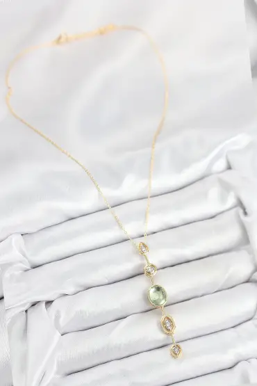 Pirinç Zincir Yeşil Gold Renk Zirkon Taşlı Y Kolye - TJ-BKO10557