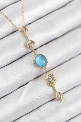 Pirinç Zincir Mavi Gold Renk Zirkon Taşlı Y Kolye - TJ-BKO10558