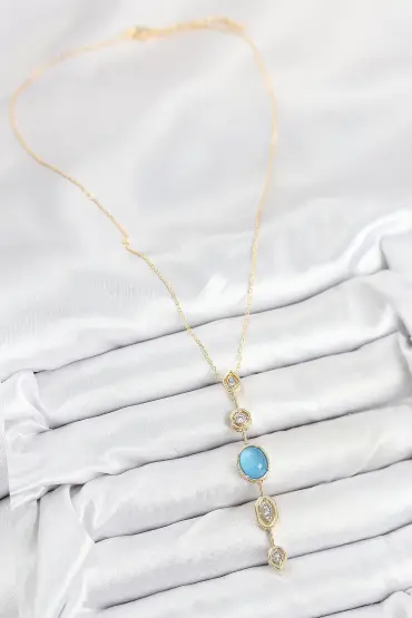Pirinç Zincir Mavi Gold Renk Zirkon Taşlı Y Kolye - TJ-BKO10558