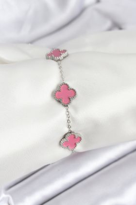 316L Çelik Gümüş Zincir Pembe Renk Yonca Bileklik - TJ-BB7909