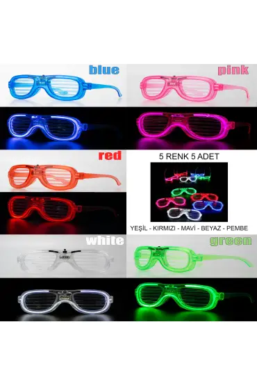 Glow Model Led Işıklı Parti Gözlüğü 3 Modlu 5 Renk 5 Adet