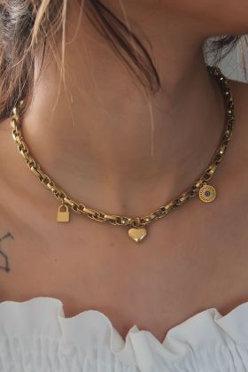 Çelik Gold Renk Kalın Zincir Model Kalp Figür Kadın Kolye - TJ-BKO6898