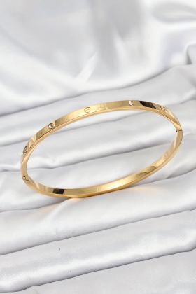 316L Çelik Gold Renk Zirkon Taşlı 65 mm İnce Kadın Kelepçe Bileklik - TJ-BB7914