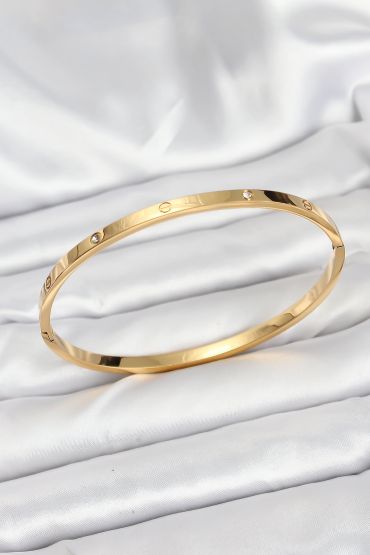 316L Çelik Gold Renk Zirkon Taşlı 65 mm İnce Kadın Kelepçe Bileklik - TJ-BB7914