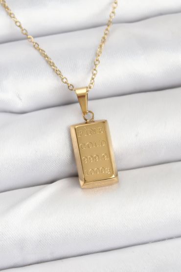 316L Çelik Zincir Gold Renk Külçe Altın Model Kadın Kolye - TJ-BKO10560