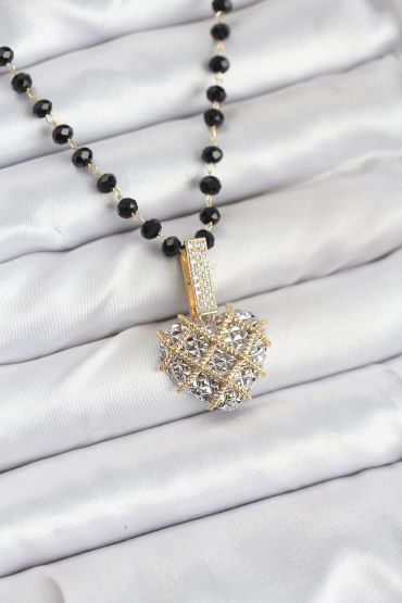 316L Çelik Zincir Kristal Boncuklu Kalpli Kadın Kolye - TJ-BKO10562