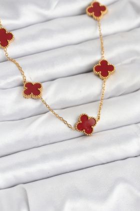 316L Çelik Gold Renk Zincir Bordo Yonca Kadın Kolye - TJ-BKO10565