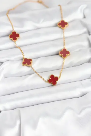 316L Çelik Gold Renk Zincir Bordo Yonca Kadın Kolye - TJ-BKO10565