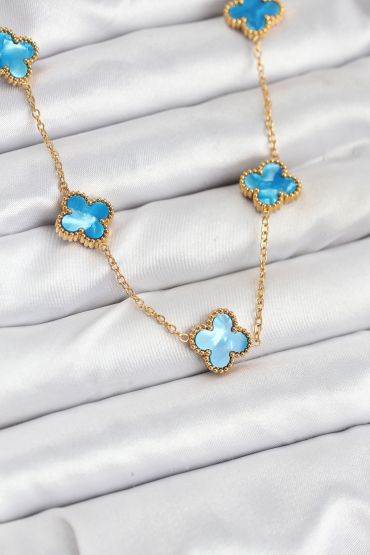 316L Çelik Zincir Gold Buz Mavisi Renk Yonca Kolye - TJ-BKO10566