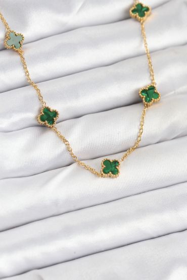 316L Çelik Zincir Gold Renk Yeşil Baby Boy Yonca Kadın Kolye - TJ-BKO10570