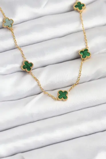 316L Çelik Zincir Gold Renk Yeşil Baby Boy Yonca Kadın Kolye - TJ-BKO10570