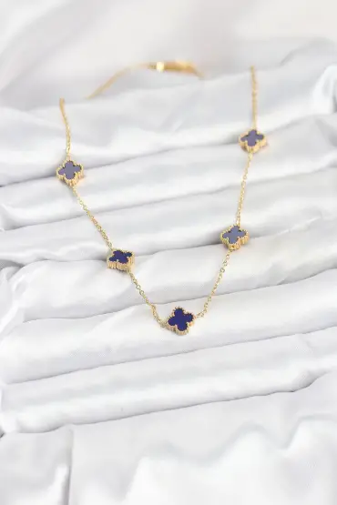 316L Çelik Zincir Gold Renk Lacivert Baby Boy Yonca Kadın Kolye - TJ-BKO10573