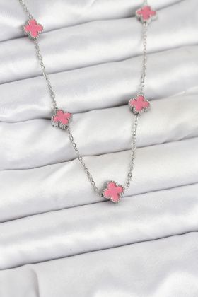 316L Çelik Zincir Gümüş Renk Pembe Baby Boy Yonca Kadın Kolye - TJ-BKO10575