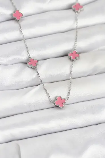 316L Çelik Zincir Gümüş Renk Pembe Baby Boy Yonca Kadın Kolye - TJ-BKO10575