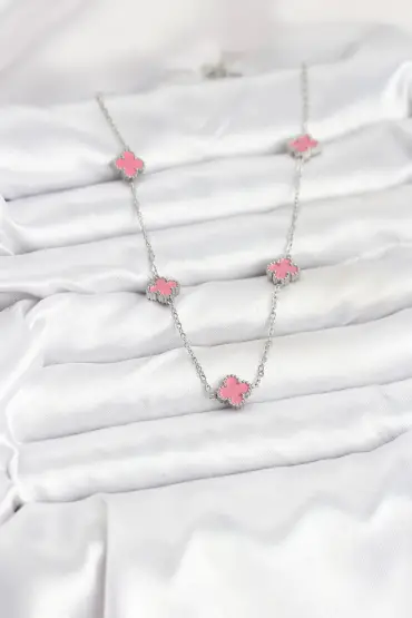 316L Çelik Zincir Gümüş Renk Pembe Baby Boy Yonca Kadın Kolye - TJ-BKO10575
